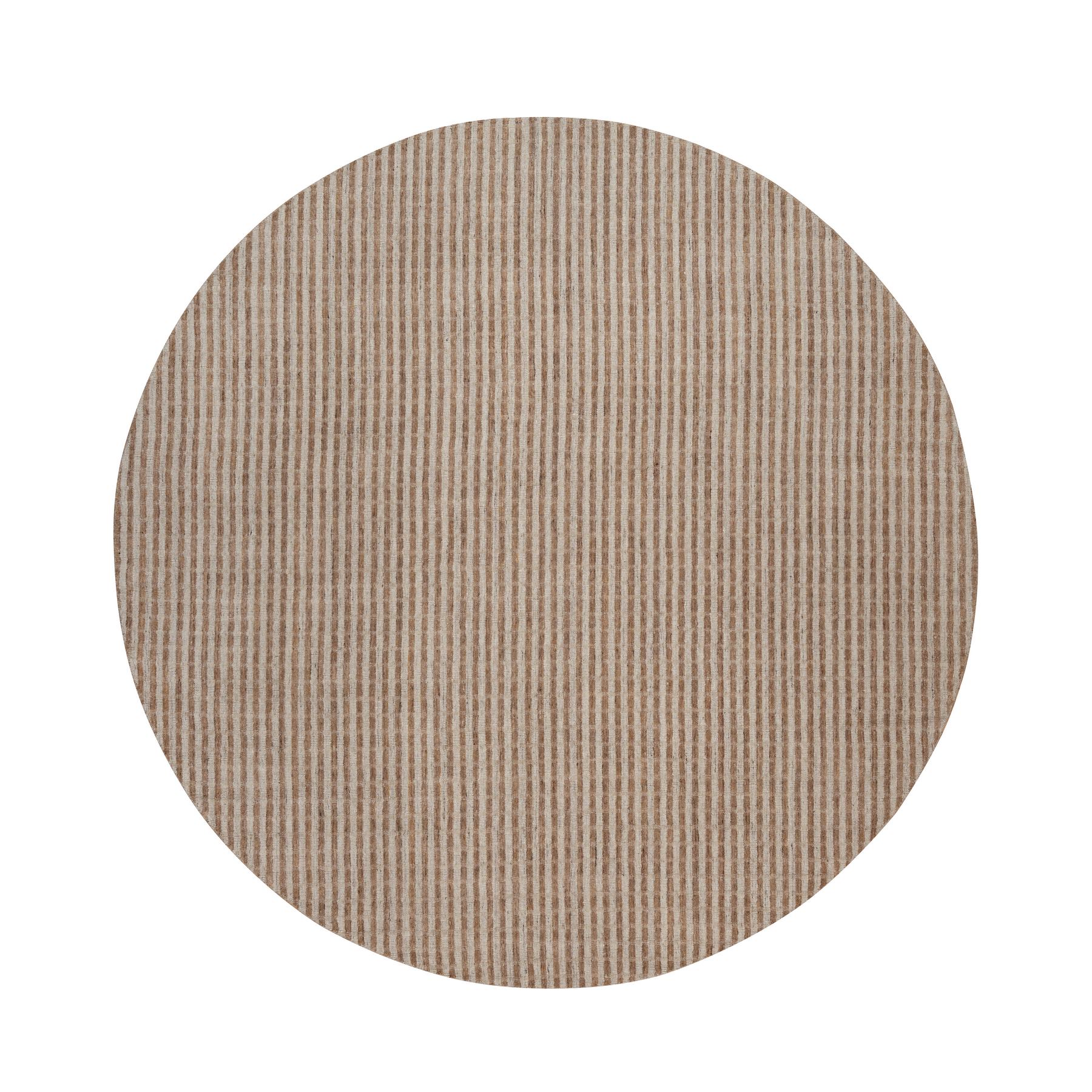 Tan and Chocolate Brown, Hand Loomed, Horizontal Stripes Design with Salt and Pepper Effect, Undyed Natural Wool, Round, Oriental Rug